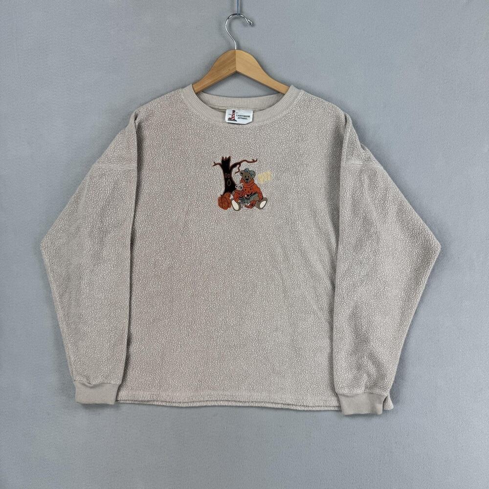 Vintage Halloween Sweatshirt Womens XL Beige Fleece Pullover Bear Boo Fall Cute